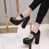 Amozae Fashion Platform High Heels Shoes Female   Leather Black White Women's Heels Round Toe Party Pumps Women Mary Jane Shoes