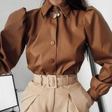 Amozae-- Turn-Down Collar Casual Streetwear Woman Fashion Button Brown Leather Blouse Shirt Puff Long Sleeve Tops And Blouse 1117