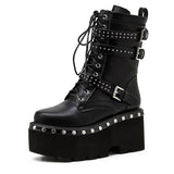Amozae  2022 Spring Lace-Up Motorcycle Boots For Women Round Toe Thick Platform High Heels Female Ankle Boots Gothic Style Shoes