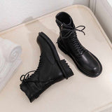 Amozae-krazing pot Internet popular leisure lace up cow leather boots round toe med heels keep warm women side zip mid-calf boots L89