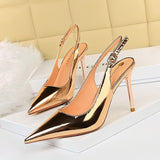 Amozae--Summer Female Office Pumps Pointed Toe Patent Leather Metal Heel 9.5cm High Heels Ladies Solid Plus Size   CLub Womans Shoes