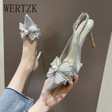 WERTZK New Fashion Elegant Women Shoes Wedding Party Bowknot Slip-on Bow Thin Heel Pointed Toe Women Pumps