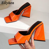 Amozae- Summer Orange Black Triangle Thick heel Slippers   Street Woman Party Peep toe Dress shoes size 35-41