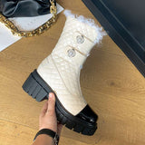 Krazing Pot 2020 new arrival round toe high heel snow boots mixed color pearl decoration princess style sweet mid-calf boots L07