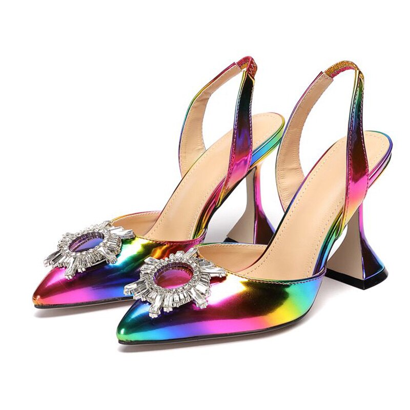 Amozae Rainbow Color Women Sandals Pointed Toe Sun Style Rhinestone High Heels Weeding Shoes Spike Heel Slingback Pumps