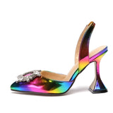 Amozae Rainbow Color Women Sandals Pointed Toe Sun Style Rhinestone High Heels Weeding Shoes Spike Heel Slingback Pumps