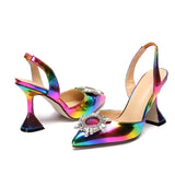Amozae Rainbow Color Women Sandals Pointed Toe Sun Style Rhinestone High Heels Weeding Shoes Spike Heel Slingback Pumps