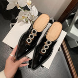 Amozae Summer Shoes Women Pearl Women Slippers Covered Toe Chunky Mules Patent Leather Shoes for Women Slingback Sandals Handmade Shoes