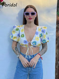 Amozae  Daisy Print Yellow Green Puff Sleeve Crop Top Belt Tie Up Printed Summer Short Blouse Deep V Neck Tops Shirt Blouse