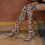 Amozae  Ladies Fashion Leopard Print Over Knee Boots Autumn Winter High Boots Pointed Toe Stretch Fabric Ladies High Heels Bottes Femme