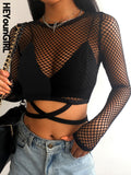 Amozae Black Fishnet   Tshirt Women Hollow Out Mesh Long Sleeve Crop Tops Tees Bandage See Through T Shirt Female Spring