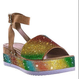 Amozae  Women Crystal Platform Sandal 2023 Woman Bling Buckle Metal Shoes Summer Female Wedges Ladies Beach Footwear Slides Plus Size 43