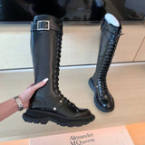 Amozae  Women Knight Boots Women Boots PU Solid Color Warmth Waterproof Non Slip Bandage Side Zipper Waterproof Thick Women High Boots