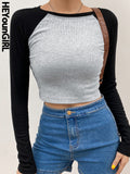 Amozae Casual Patchwork Long Sleeve Crop Top T Shirt Fashion Basic Cotton Tshirt Women Fashion Slim Korean Tee Shirt Femme