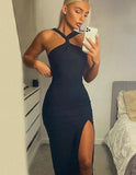 Aomzae Elegant Halter Long Party Dresses For Women Backless Summer Midi Dress   Cut Out Bodycon Dress With Slit Black Red