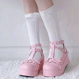 Back to college New Sweet Heart Buckle Wedges Mary Janes Women Pink T-Strap Chunky Platform Lolita Shoes Woman Punk Gothic Cosplay Shoes 43