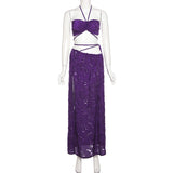 Amozae Maxi Skirt And Crop Top Set   Outfits For Woman   Elegant Summer Beach Party Co-Ord Sets Purple