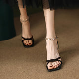 Amozae Sandals for Women High Heel Summer Thin Ankle Straps Mental Buckle Strap Lady Sandals Elegant Fashion Concise Female Shoes