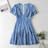 Amozae  Blue Floral Print Summer Beach Dress Women Casual Holiday Short Sleeve Dress Boho Sundress Vestidos Fashion Clothes