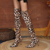 Amozae  Ladies Fashion Leopard Print Over Knee Boots Autumn Winter High Boots Pointed Toe Stretch Fabric Ladies High Heels Bottes Femme