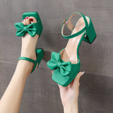 Amozae- Green White Women Sandals Fashion Ankle Buckle Bow High-Heel Sandals Summer Pumps Women Open Toe Shoes Ladies Square Heel Female