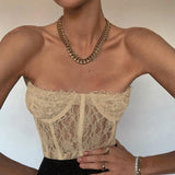 Amozae     Lace Bustier Corset Top Women Strapless Frill Crop Top Summer See Through Transparent Mesh Tops Party Club