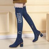 Amozae Womens Denim Boots Over The Knee Pointed Toe Thick High Heels Shoes Woman Casual Tassel Cut Out Jeans Long Botas Mujer