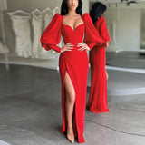 Amozae-Graduation Gift Big Sale  Women's Dress Elegant Tunics Pull Sleeve High Split Evening Party Dresses Y2K Tight Long Maxi Formal Vestidos Red Black 2024