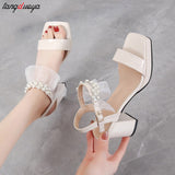 Amozae- Rhinestone Lace Sandals Women 2024 Open Toed Heels Women Women Shoes Party Wedding Chunky Heels Pumps Dress Square Toe Sandals