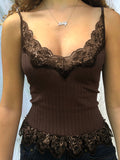 Amozae- Patchwork Lace Brown Crop Top Summer V Neck   Sleeveless Cami Tops Tees 90S Backless Spaghetti Strap Top