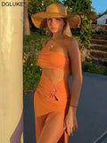Amozae One Shoulder Cut Out Bodycon Dress   Pleated Slit Beach Party Dress Women Summer Sleeveless Backless Midi Dress Black Orange