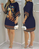 Amozae-hoco dresses  Women's Dresses 2024 Spring Fashion Peacock Print Casual Round Neck Long Sleeve Daily Mini Loose Dress