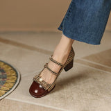 Amozae Spring/Autumn Women's Shoes Round Toe Chunky Heel Pumps Cotton Fabric Lattice High Heels Genuine Leather Retro Mary Janes