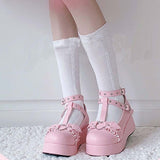 Back to college New Sweet Heart Buckle Wedges Mary Janes Women Pink T-Strap Chunky Platform Lolita Shoes Woman Punk Gothic Cosplay Shoes 43