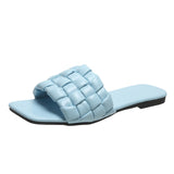 Amozae Design Weave Soft Slippers for Women Summer 2023 Orange PU Leather Beach Flip Flops Female Square Toe Flat Sandals Plus Size 43