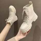 Amozae New Women White Ankle Boot PU Leather Thick Sole Lace Up Combat Booties Female Autumn Winter Platform Shoes Rubber Cowboy Boots