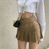 Amozae Back to college Pleated Micro Skirt Women Korean Fashion Casaul Button Pocket Patchwork High Waist A-Line   Mini Skirt Streetwear