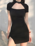 Amozae Harajuku Black Bodycon Mini Dress Women Split Side Halter Short Dresses Ladies Skinny Short Sleeve Skinny Summer 2022