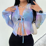 Back to college  Mesh Tye Die Print Long Sleeve Hollow Out Bandage   Crop Top T Shirt Blouse Summer Women Streetwear Party Club Y2K