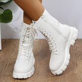 Amozae Women's Martens Boots PU Leather White Ankle Boots Autumn Winter Motorcycle Boots Fashion Female Chunky Heel Platform Boots