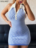 Amozae Blue Knitted Bodycon Dress Women Summer   Halter Backless Mini Dress Vintage Striped   Short Dress Beach Club Wear
