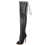 Amozae   New Fashion Spring Summer Over The Knee Boots High Thin Heels Good Quality   Fishing Net Woman Party Lace Up Shoes