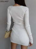 Amozae Elegant White Sweater Dress Women V-Neck Long Sleeve Knitted Bodycon Dress   Slit Mini Dress Autumn Spring