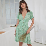 Amozae-hoco dresses   Elegant  V Neck With Button Floral Print Mini Dress Hight Waist  Ruffled Ladies Vintage Vestido Spring Summer