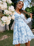 Amozae--hoco dresses   V-neck long sleeves ruffle summer mini dress women Blue corset tie dye beach dresses Elastic high waist a-line vestidos