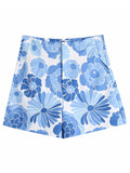 Amozae  Flower Print Blue Short Sets Women Matching Set Blue Summer Spring Two Pieces Sets Suits Oversized Top Shorts 2022