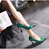 Graduation Gift Big Sale New Woman Pink Pumps Luxury Designer Metal Pointed Stiletto Shallow Mouth Single Shoes High Heels Women Green Party Shoes