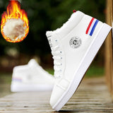 Amozae Men's Winter Plush Shoes Boys Comfort Sneakers White Leather Shoes Men High Top Sneakers 2023 Trendy Style Vulcan Boys Shoes