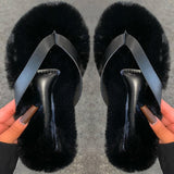 Back to school Amozae  Women Fur Rhinestone Slippers Platform Wedges Heel Solid Fluffy Furry Slides Outside   Shoes Ladies Comfortable Female Flats