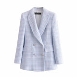 Amozae  Tweed Knitted Double Breasted Femme Plaid Winter Blazer Coat Vintage Office Ladies Blazer Jacket Blue Casual Windbreaker
